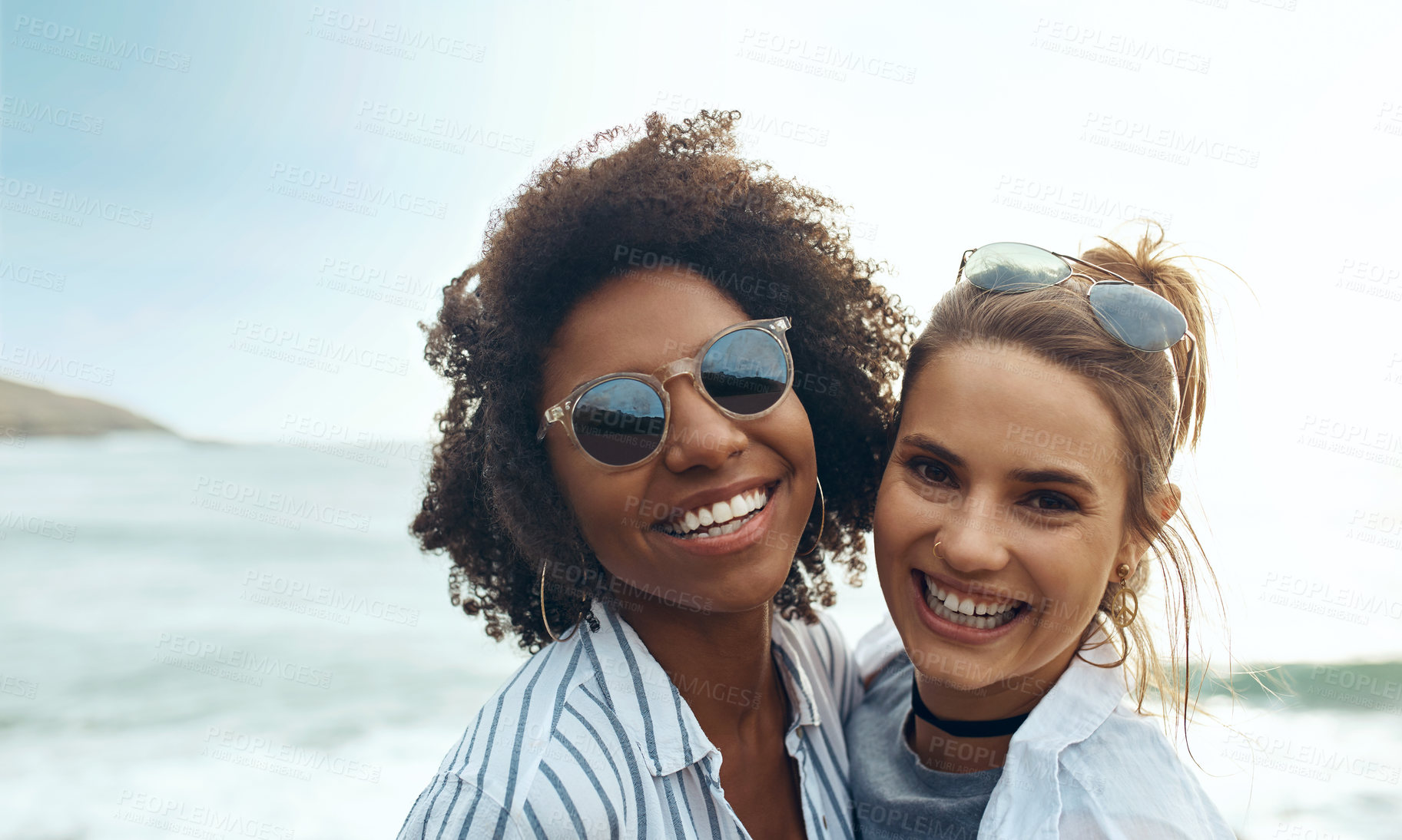 Buy stock photo Friends, hug and portrait of happy women on beach together for holiday, travel or vacation in summer. Love, seaside and space with excited people outdoor on coast for bonding, trip or weekend getaway