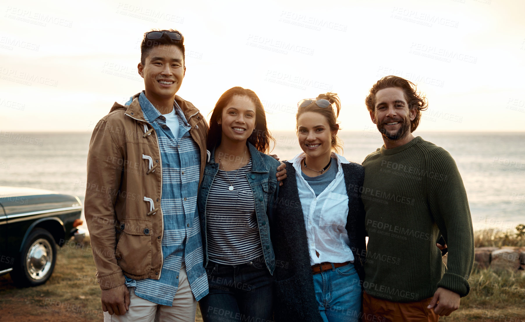 Buy stock photo Group, portrait and couple of friends with smile for travel to coast, road trip or reunion. Happy, hug or people on double date with vacation, weekend break or seaside get together for bonding