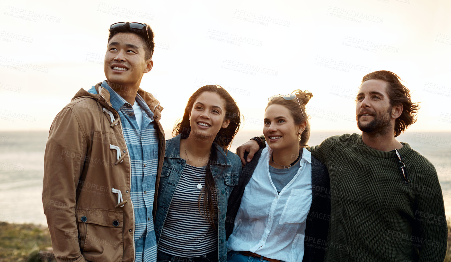 Buy stock photo View, people or friends by coast for travel, happiness and together for vacation or reunion trip. Group, smile and bonding outdoor for holiday, adventure or sightseeing with seaside gathering
