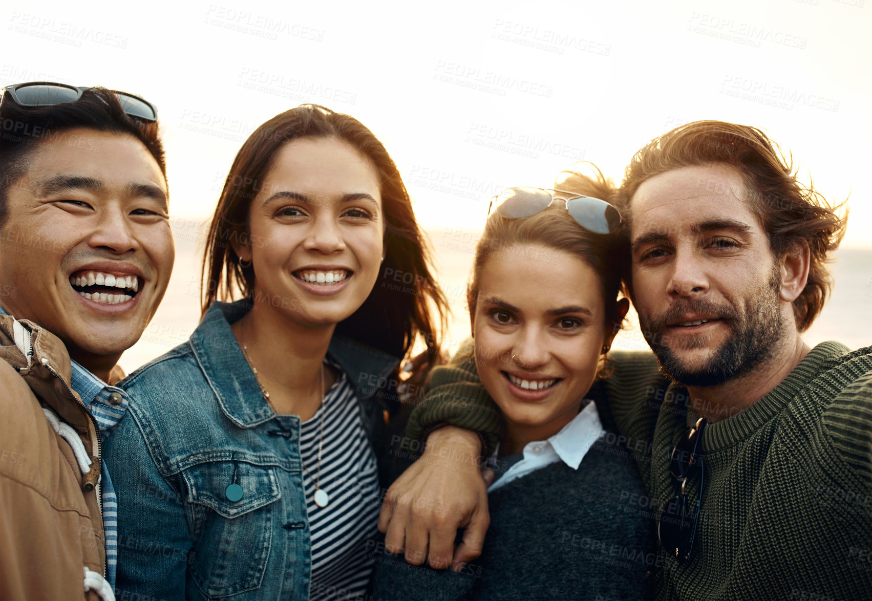 Buy stock photo Portrait, friends and selfie in nature for travel, photography and social media post on holiday. Pov, couple or happy people outdoor with embrace, capture memory and profile picture update on getaway