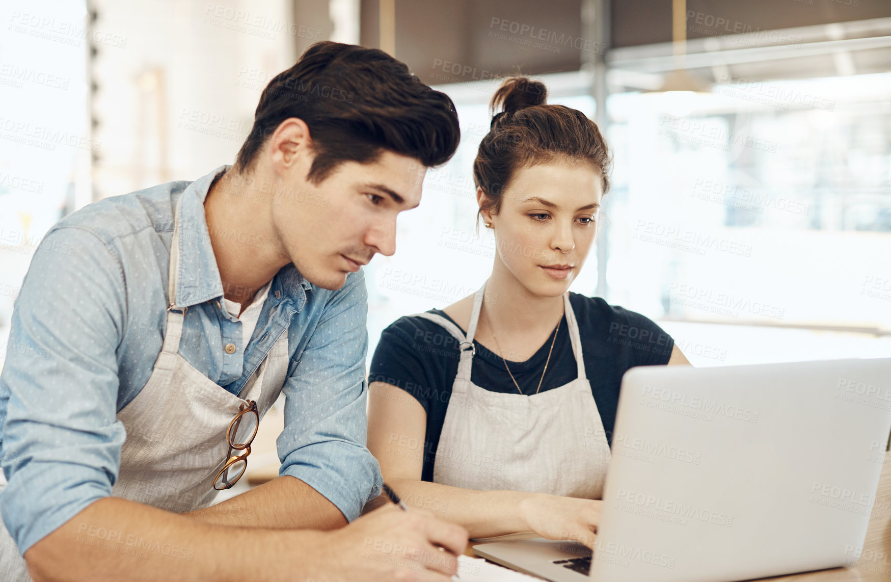 Buy stock photo Team, planning and laptop with people in coffee shop for inventory report, waiter and research. Restaurant budget, catering invoice and small business with man and woman in cafe for collaboration