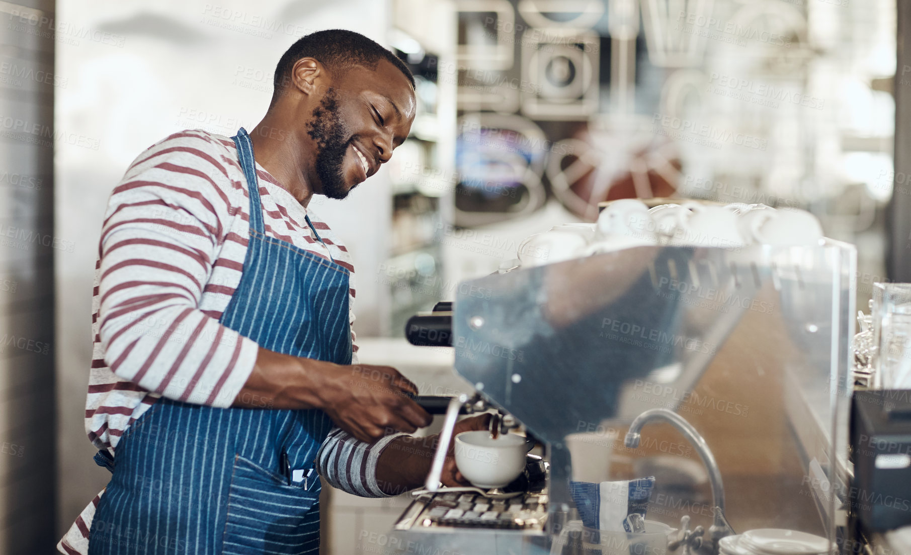 Buy stock photo Black man, smile and order with espresso machine in cafe for small business, owner or management. Barista, hospitality and apron in coffee shop with restaurant service, brewing and happy for catering
