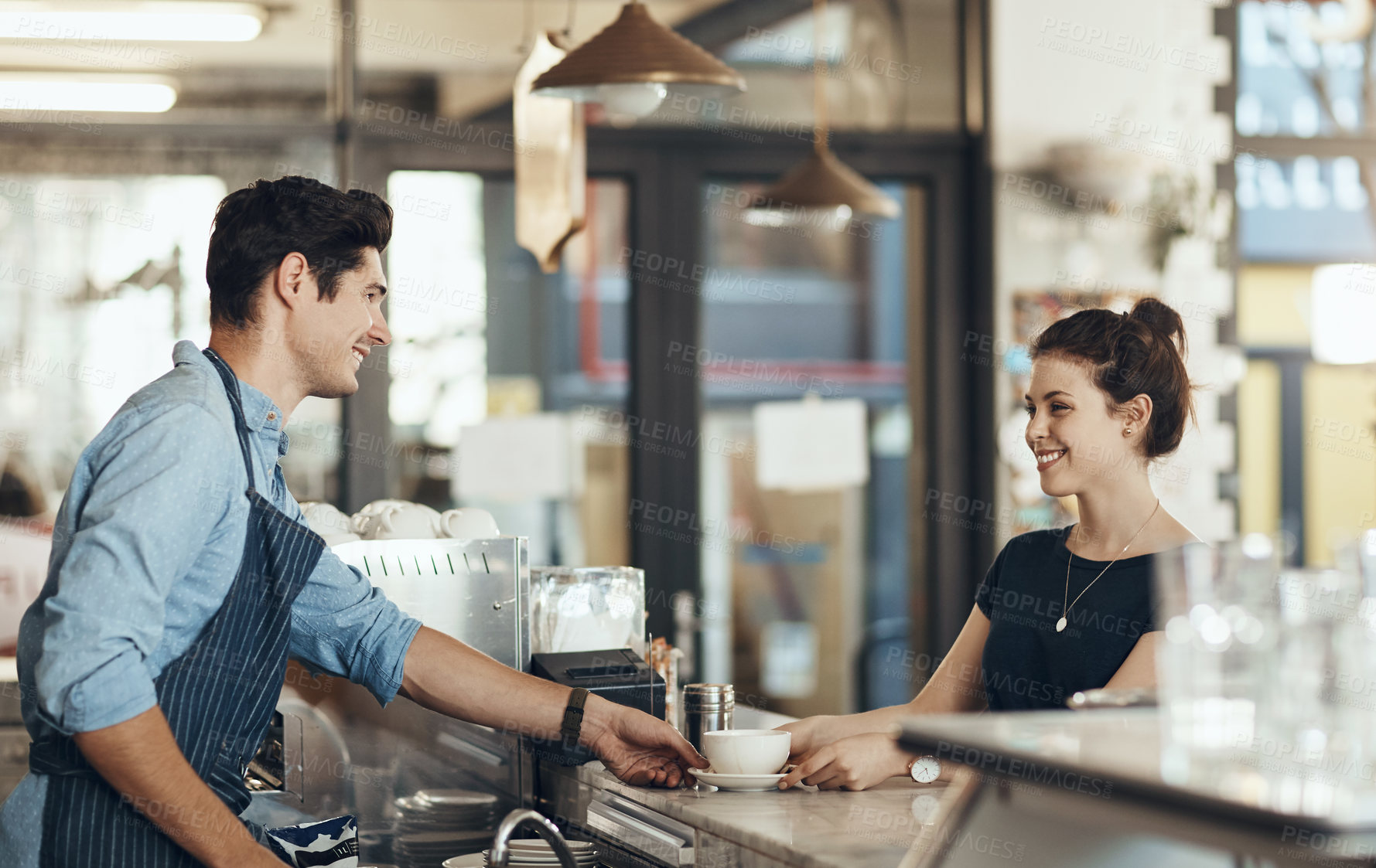 Buy stock photo Cup, order and waiter in coffee shop with customer for beverage pickup, hospitality or service. Checkout, drink  and smile of people in cafe or restaurant to collect refreshment from serving counter
