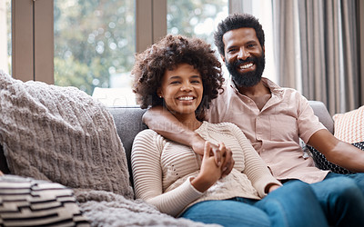 Buy stock photo Cropped shot of an affectionate couple relaxing on the sofa at home