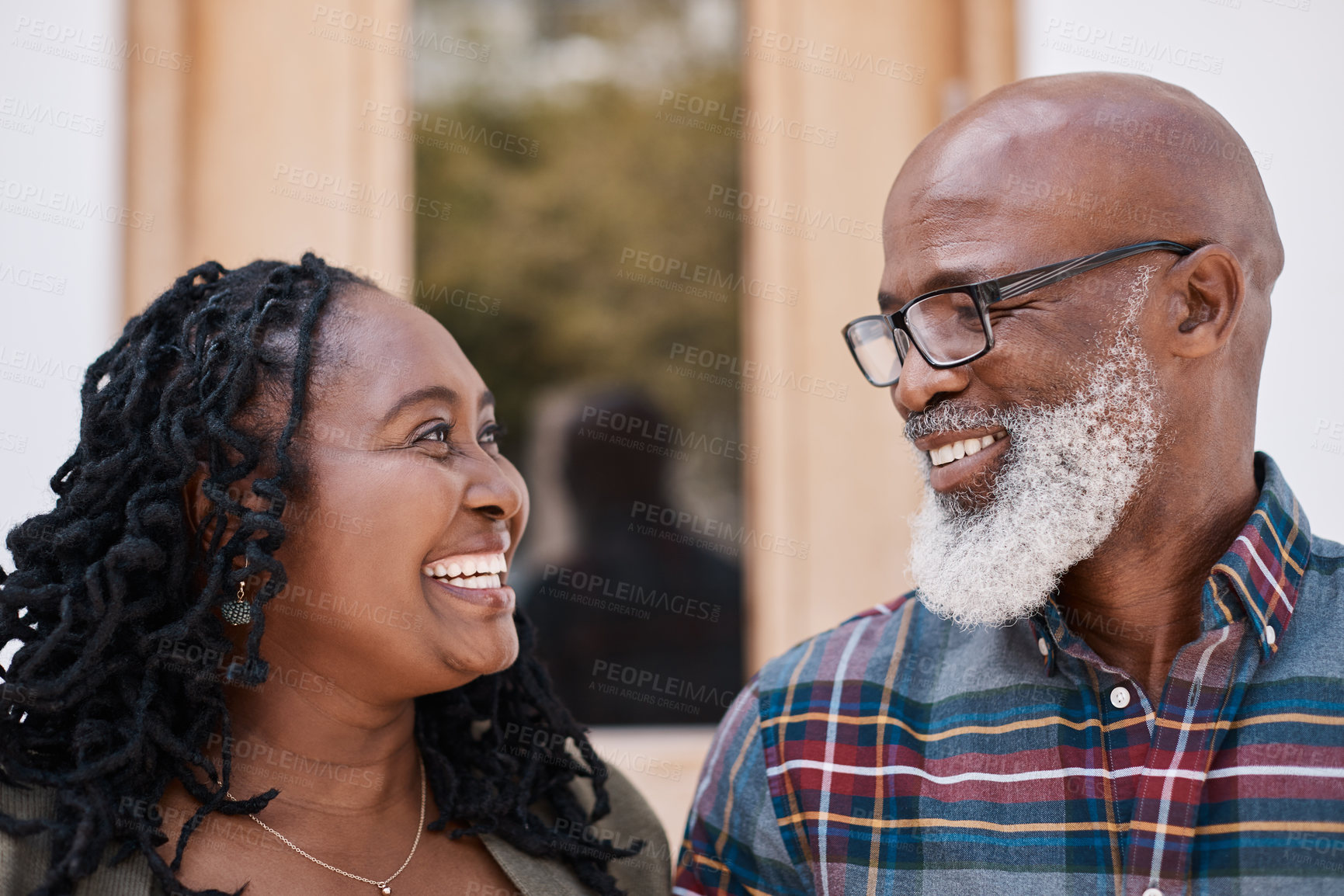 Buy stock photo Smile, black couple and outdoor for new house, property purchase or approval for relocation. Happy, mature people and excited at front door with support, mortgage and investment for real estate