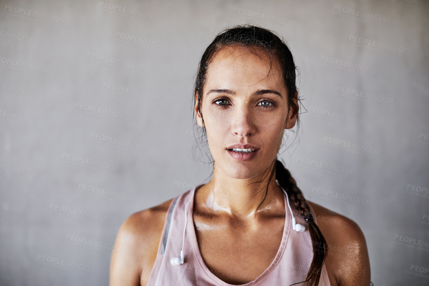 Buy stock photo Fitness, portrait and woman outdoor with pride, keeping fit and wellness hobby on weekend break. Space, athlete and person with physical activity, confidence and satisfaction in town training.