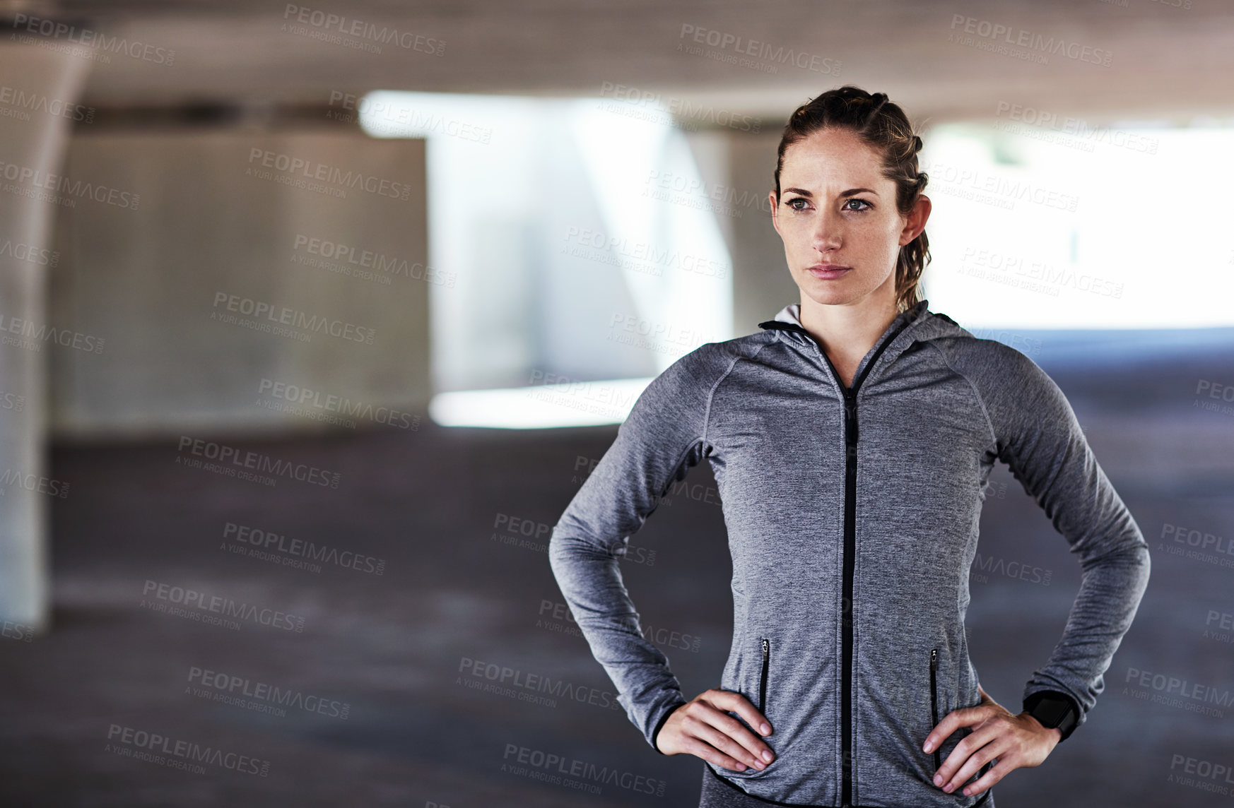 Buy stock photo Fitness, reflection and woman in city with health mindset, wellness lifestyle or thinking. Serious, runner and person outdoor with exercise break, vision or determination with space at underpass