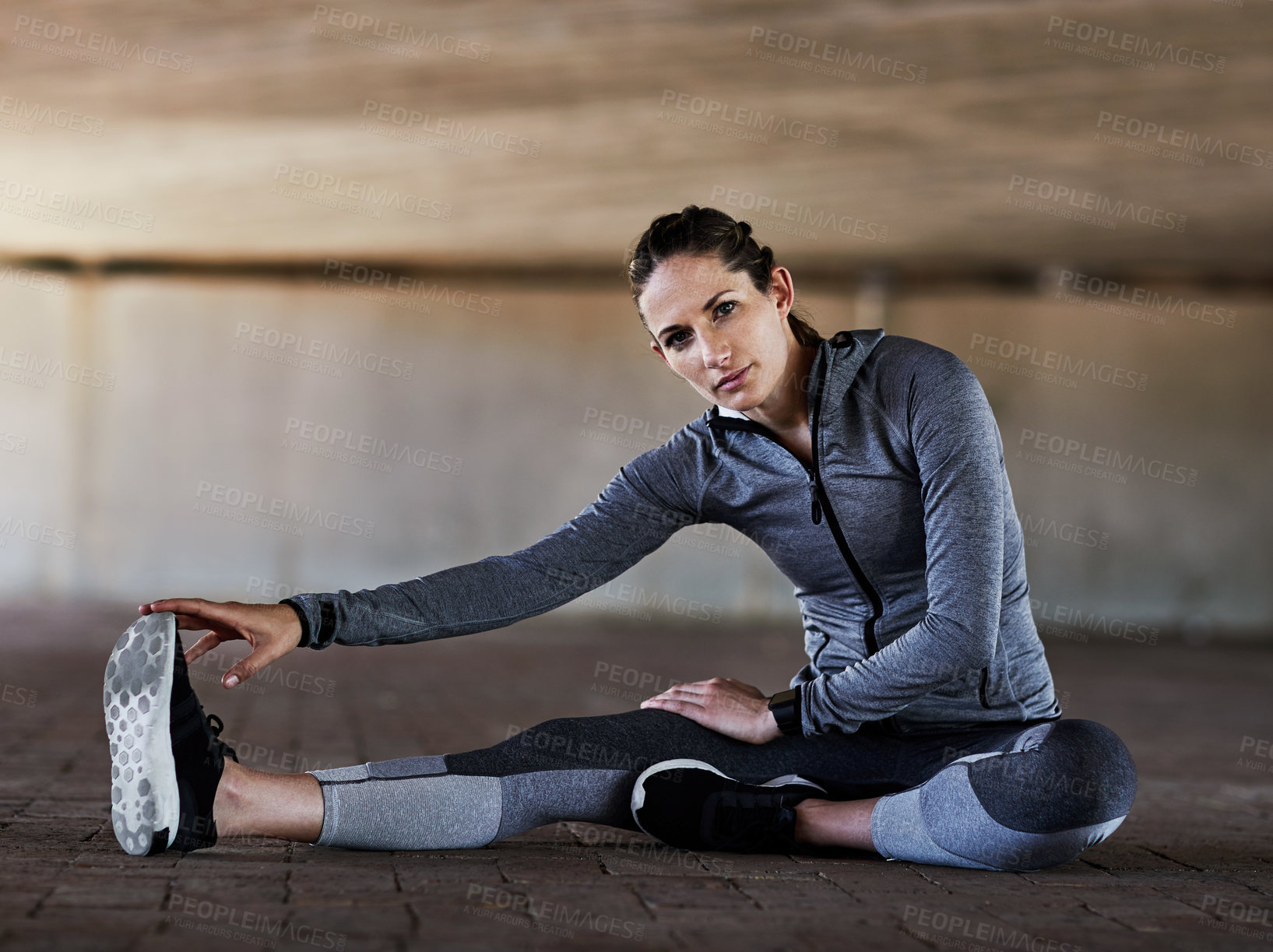Buy stock photo Fitness, portrait or woman in parking lot with stretch, leg mobility or start in physical activity. Wellness, active or person with workout routine, injury prevention or muscle improvement in warm up