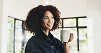 Happy woman, morning or thinking with coffee in home to start day, comfort or nostalgia moment. Female person, memory and inspiration with vision, mug or caffeine for energy or contemplation in house
