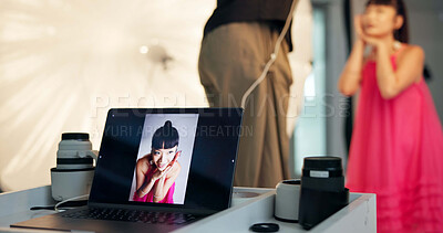 Buy stock photo Computer screen, photoshoot or woman in studio, talent or photography project for digital art. Creative agency, people or laptop for visual software, equipment or capture picture for magazine catalog