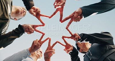 Buy stock photo Blue sky, people and hands with peace sign for fitness, support and celebration together. Nature, retirement and mature friends with huddle for solidarity, exercise goal or motivation with low angle