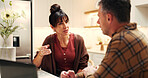 Finance, woman and couple with laptop in home for budget discussion, household bills or planning. Marriage, mature people or talk with tech for financial summary, explain tax filing or online banking