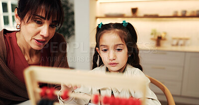 Buy stock photo Support, mother or kid in home with abacus, math practice or bead counting in homework. Education, child or family with help, literacy activity or cognitive development in homeschool learning.