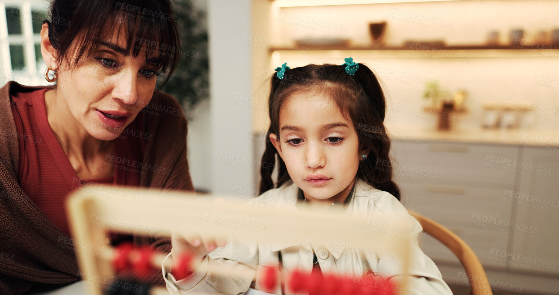 Buy stock photo Support, mother or kid in home with abacus, math practice or bead counting in homework. Education, child or family with help, literacy activity or cognitive development in homeschool learning.
