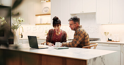 Buy stock photo Finance, discussion or couple in house with paper, expense track or wealth plan in cost control. Saving, records or mature people with laptop, budget planning or tax review in money management.