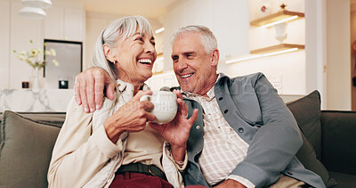 Buy stock photo Senior, couple and laugh in home with coffee, funny joke and bonding together for retirement wellness. Happy, married elderly people and tea in living room with love, humor and romantic relationship.
