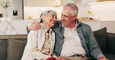 Buy stock photo Love, hug and old couple in house with laugh, funny joke and bonding together for retirement wellness. Happy, married senior people and embrace in living room with affection, humor and connection.