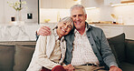 Portrait, smile and old couple in house with hug, relax or bonding together for retirement wellness. Happy, married senior people and embrace in living room with affection, relationship or connection