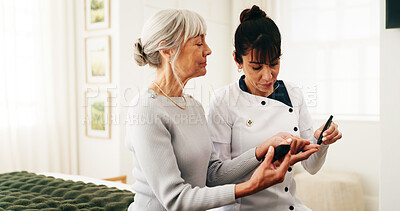 Buy stock photo Caregiver, woman and bed with blood lancet for health exam, checkup or elderly care. Senior, female person or healthcare worker monitoring patient with glucose level test for diabetes in house
