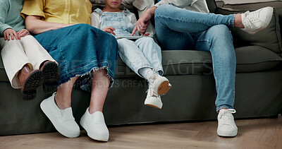 Buy stock photo Hands, tablet and family bonding on sofa for relax, play game or learning online with kids. Parents, legs and children with tech in home for educational entertainment, development or browsing website