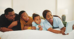 Silly, parents and children in bedroom with selfie, photography and social media post for love. Goofy, black family and relax at house with kids, profile picture update and capture memory for bonding