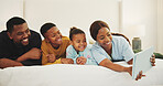 Smile, parents and children in bedroom with selfie, photography and social media post for love. Happy, black family and relax at house with kids, profile picture update and capture memory for bonding