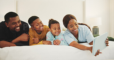 Buy stock photo Smile, parents and children in bedroom with selfie, photography and social media post for love. Happy, black family and relax at house with kids, profile picture update and capture memory for bonding