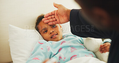 Buy stock photo Fever, hand and parent with child in bed of family home for sick, illness and influenza symptom. Medical, support or cold season with kid and person in apartment bedroom for help and healthcare