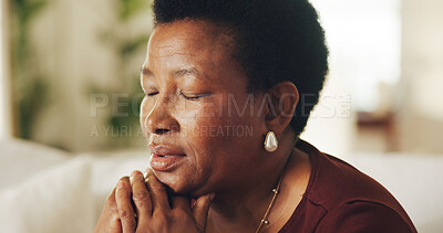 Buy stock photo Thinking, serious and relax in home with black woman, peace and daydreaming for weekend break. Mature person, rest and eyes closed at house with reflection, perspective and calm morning for nostalgia