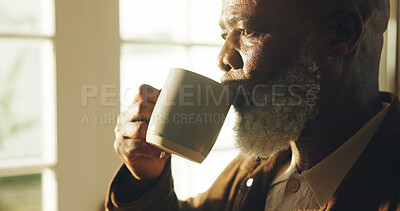 Buy stock photo Senior, man and drinking coffee in home with reflection, perspective and calm weekend in retirement. Elderly, black person relax and thinking in living room with tea, wellness and vision of memories.