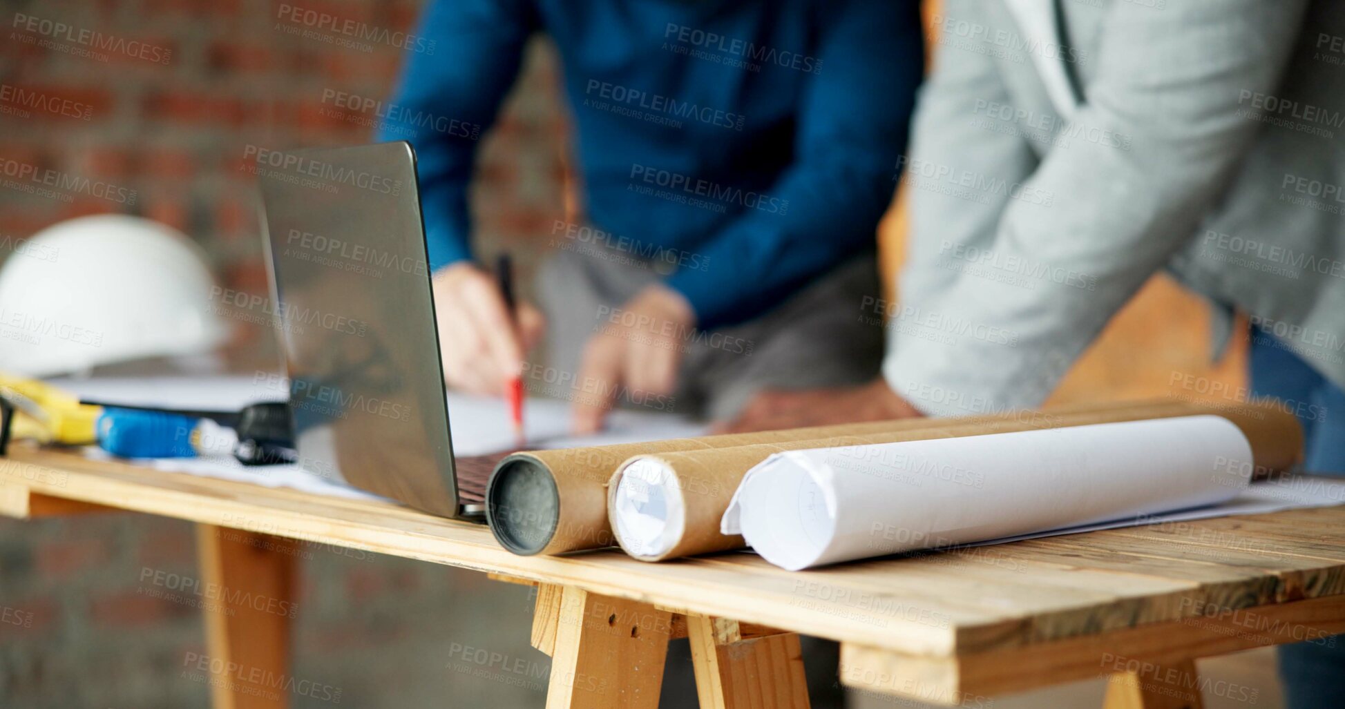 Buy stock photo People, hands and laptop with architecture blueprints for construction planning or building design. Team, contractor or civil engineer with paperwork or floor layout for architect project together