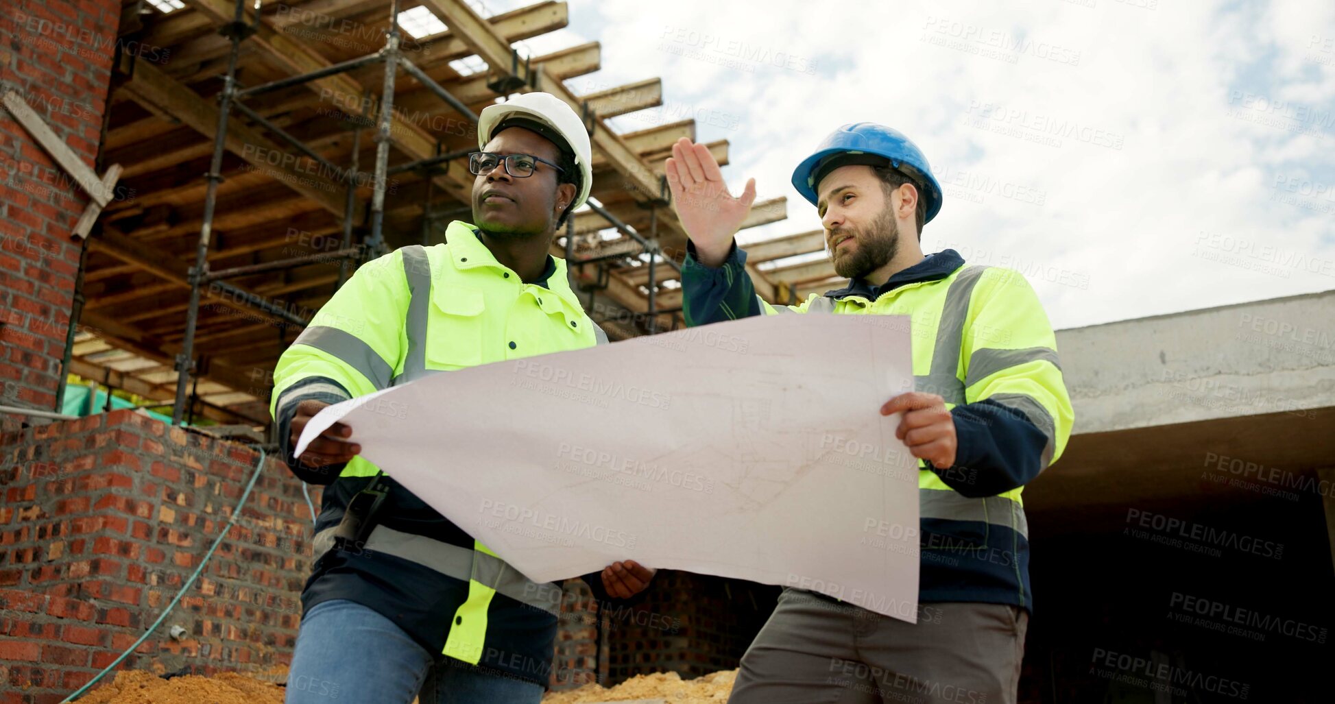 Buy stock photo People, engineer and meeting at site with document, blueprint and planning for architecture. Low angle, men or team outdoor with paperwork, inspection and construction sketch for building development