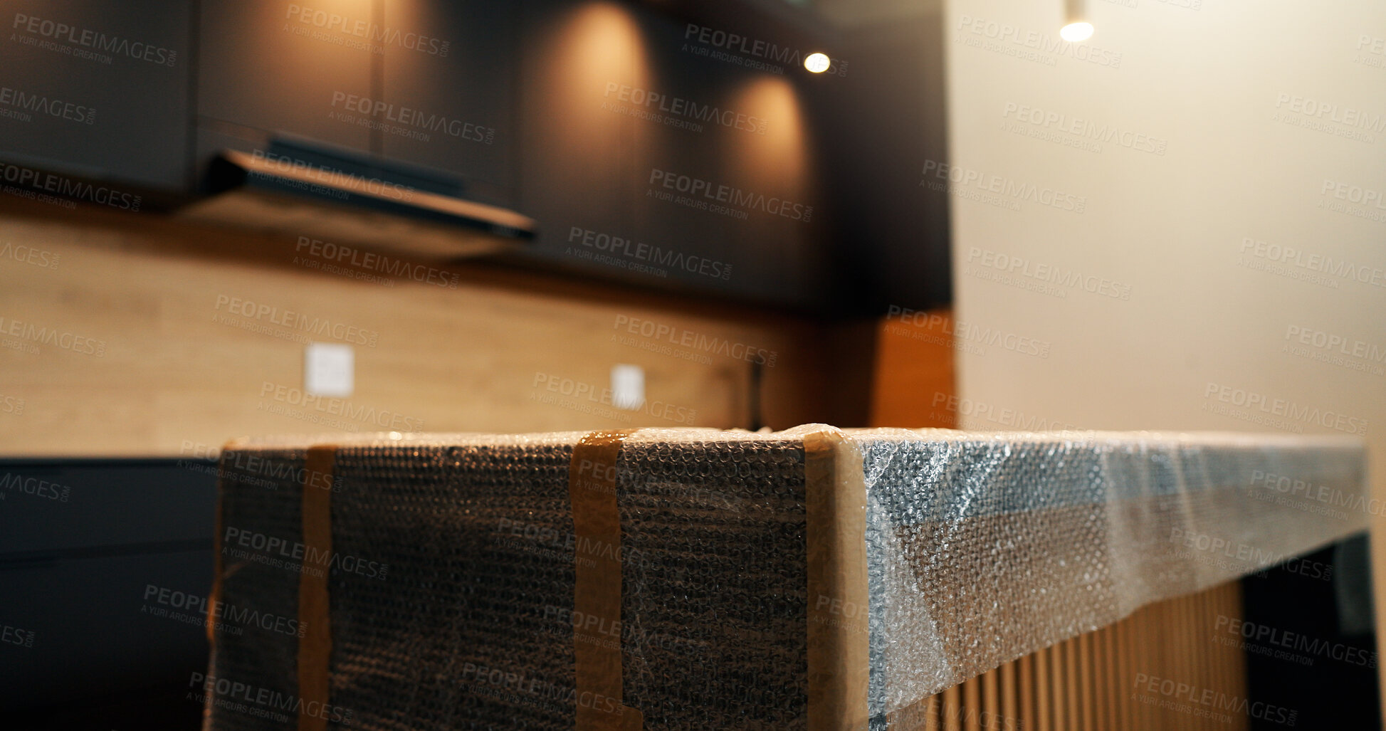 Buy stock photo Kitchen, renovation and empty room with counter cover for new home, property upgrade or development. Interior design, remodeling project and sheeting for house makeover, refurbishment and restoration