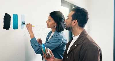 Buy stock photo Makeover, couple and paint sampling on wall for color decision, home upgrade and test coating. Interior design, swatching and people with palette for tone selection, house renovation or decor support