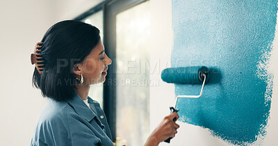 Buy stock photo Painting, woman and smile with wall renovation for living room makeover, home upgrade or maintenance. Interior design, homeowner and happy with paintbrush for house improvement, change and diy decor