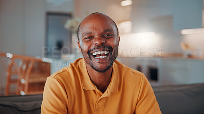Buy stock photo Happy, relax and face of black man on sofa in home for break with funny weekend in morning. Smile, confident and portrait of person with laughing for positive attitude in living room at house.