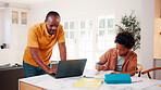 Education, laptop and remote work dad with boy in family home for child development or startup business. Computer, freelance father and learning with African son at counter in apartment for homework