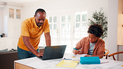 Buy stock photo Education, laptop and remote work dad with boy in family home for child development or startup business. Computer, freelance father and learning with African son at counter in apartment for homework