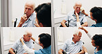 Caregiver, helping and old man in bathroom for grooming, brushing teeth and cleaning for hygiene. Nurse, assisted living and senior person with disability, getting ready and comb in home for haircare