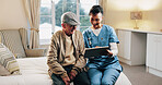 Homecare, nurse or consulting old man on tablet for medical update, good news or recovery. Clearance, happy senior patient or caregiver on tech in assisted living for health progress, results or home