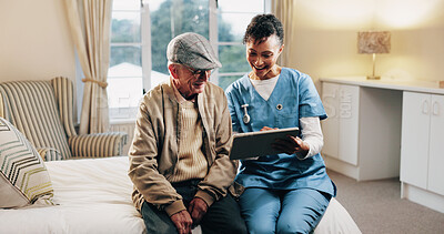 Buy stock photo Homecare, nurse or consulting old man on tablet for medical update, good news or recovery. Clearance, happy senior patient or caregiver on tech in assisted living for health progress, results or home