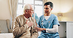 Chest pain, healthcare and nurse speaking to old man in bedroom of retirement home for consulting. Breathing, medical help and senior patient on bed with caregiver for checkup, feedback or review