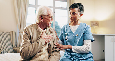 Buy stock photo Chest pain, healthcare and nurse speaking to old man in bedroom of retirement home for consulting. Breathing, medical help and senior patient on bed with caregiver for checkup, feedback or review