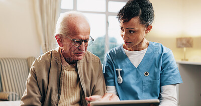 Buy stock photo Home, nurse and consulting old man with tablet for vital sign trends, follow up care and results. Retirement, senior patient and caregiver with tech for medical update, wellness checkup and homecare