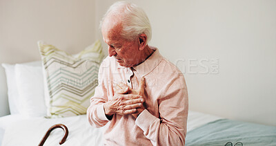 Buy stock photo Senior, man and bed with chest pain for heart attack, chronic stress or hypertension in home. Elderly, male person or sore tensions with discomfort in bedroom for cardiac arrest or disease in house