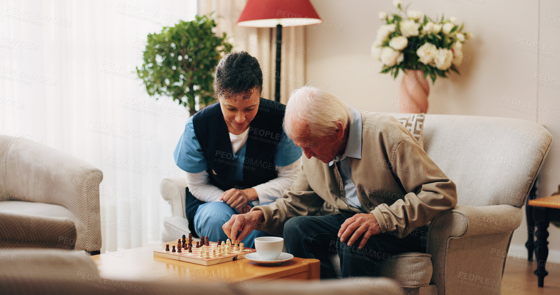 Buy stock photo Caregiver, chess and senior man in nursing home with moving pawn, problem solving or bonding together. Nurse, support and elderly person with board game for retirement, cognitive skills and contest.