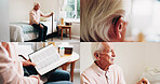 Sad, thinking and old man in retirement home with book, faith or hearing aid for auditory rehabilitation. Elderly person, reflection and reading bible in bedroom with cane, religion and regret past.
