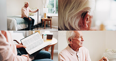 Buy stock photo Sad, thinking and old man in retirement home with book, faith or hearing aid for auditory rehabilitation. Collage, thoughtful elderly person and bible in bedroom with cane, religion and regret past.