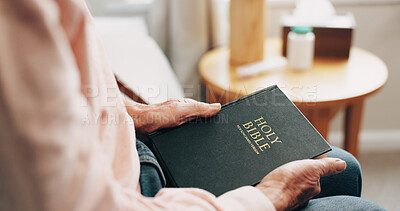 Buy stock photo Senior, hands and bed with bible for faith, religion or christianity with holy book in home. Elderly, male person or reading with Jesus or scripture for spiritual wellness, prayer or belief in house
