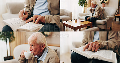 Buy stock photo Retirement, book or collage of old man with tea, mental stimulation or reading bible in home. Senior person, relax or puzzle in living room with drink, pastime hobby or religious literature for faith